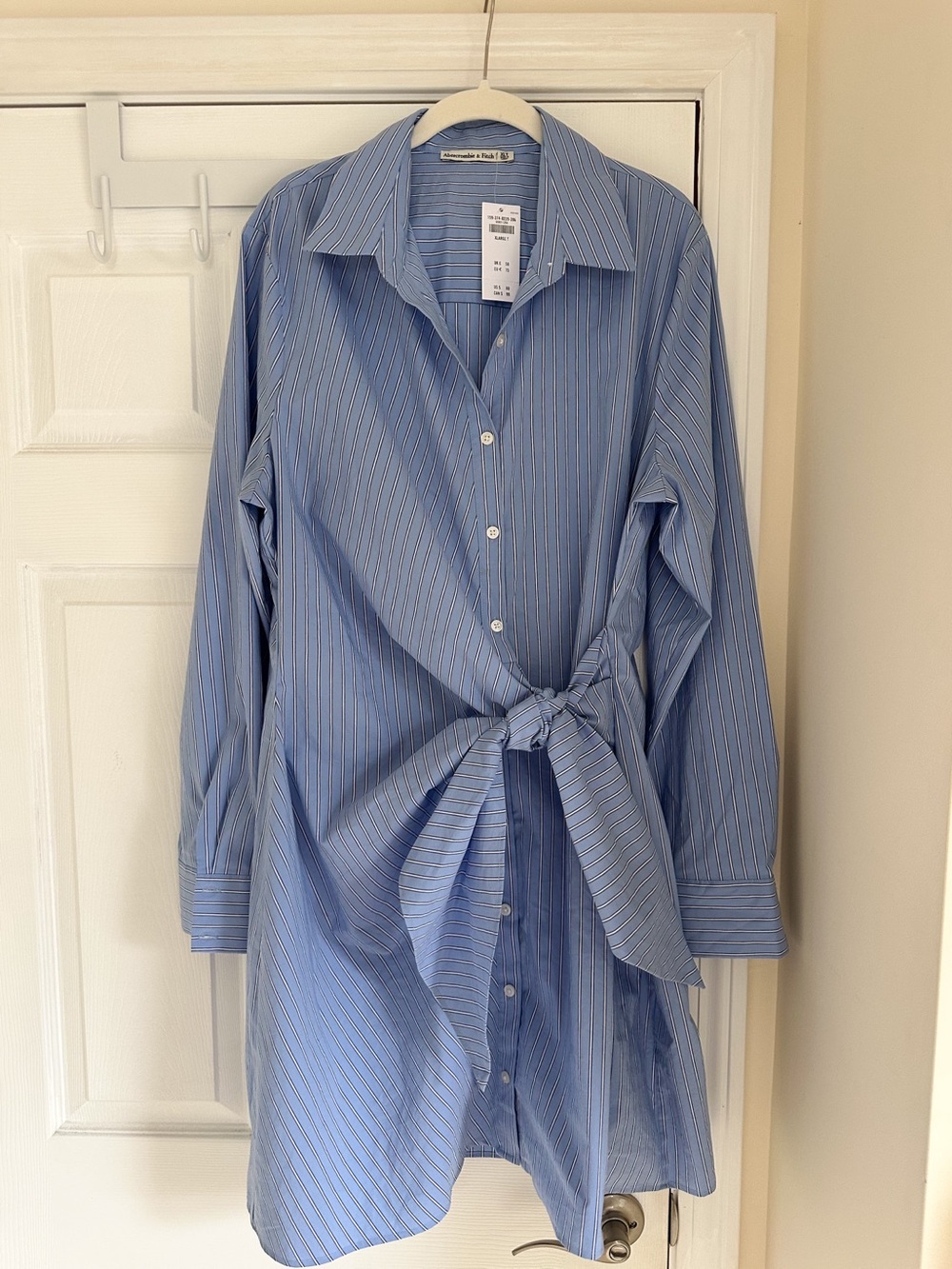 Abercrombie & Fitch Blue Pinstripe Button-Down Shirt Dress with Front Tie